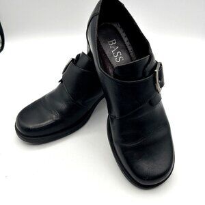 Vtg 90s Bass Womens Shoes 8 Black Leather Chunky Heel‎ Buckle Oxford Loafers